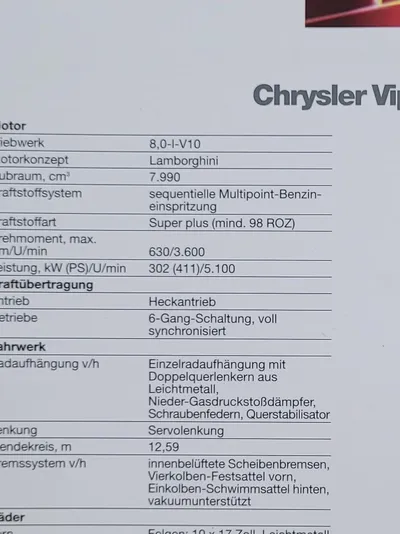 Chrysler Viper GTS Technische Daten Broschüre Original Weiß Autozubehör