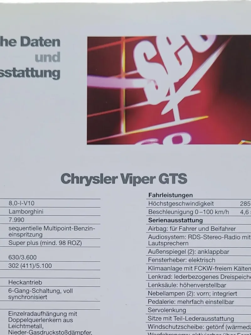Chrysler Viper GTS Technische Daten Broschüre Original Weiß Autozubehör 3