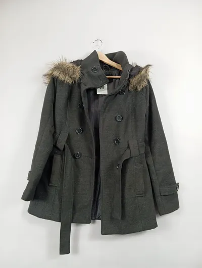 Holly's Damen Winterjacke Kurzmantel Grau Gr. 38/M mit Kunstpelzkragen