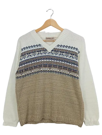 CAMELOT Damen Pullover Gr. 38/M Mehrfarbig V-Ausschnitt Norwegermuster Klassisch