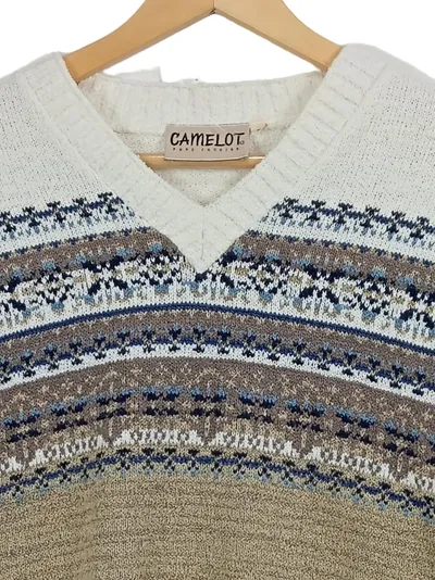 CAMELOT Damen Pullover Gr. 38/M Mehrfarbig V-Ausschnitt Norwegermuster Klassisch