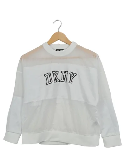 DKNY Damen Sweatshirt Gr. S Weiß Streetwear Logo-Print Langarm