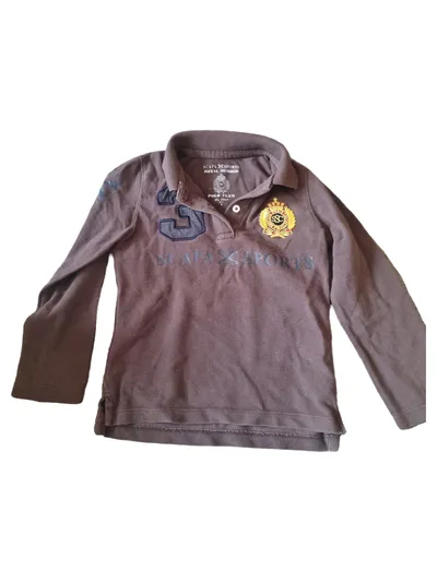 Scapa Kinder Poloshirt Langarm Wolle Braun Gr. 104 Logo Print Freizeit