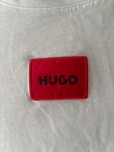 HUGO Herren T-Shirt Weiß Rot Logo-Patch Baumwolle Gr. XL