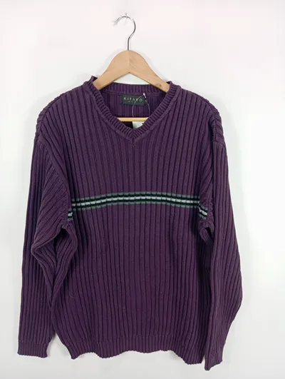 KITARO Herren Pullover Gr. 42 Lila V-Ausschnitt Rippstrick Streifen