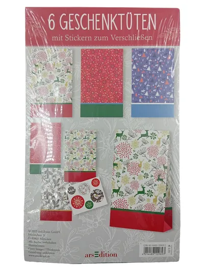 arsEdition 6 Geschenktüten mit Stickern Weihnachten Rentier Schneeflocken