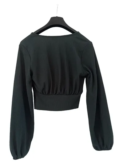 MONKI Damen Langarmshirt Wickeloptik Grün Gr. 34/XS Strukturmuster Raffungen