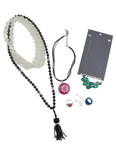Silvity 7tlg Damen Schmuckset Halskette Ringe Strass Juwel Quaste Mehrfarbig