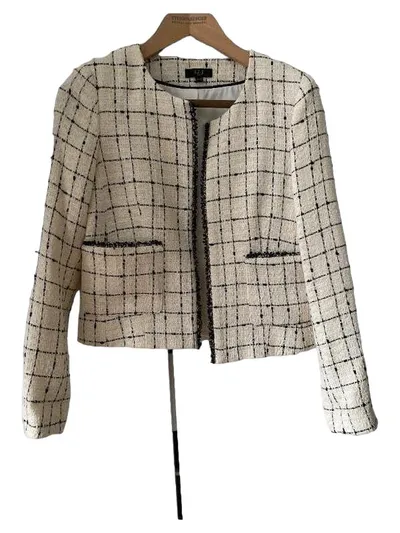Maison 123 Damen Blazer Kariert Beige Gr. 36 S Tweed-Optik Fransen Elegant