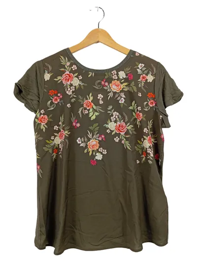 ORSAY Damen T-Shirt Blumenmuster Oliv Gr. L Glitzer Ausschnitt