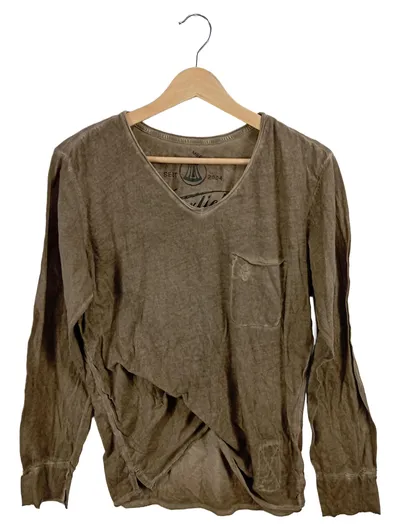 Herrlicher Langarmshirt Braun Meliert Gr. 38 M Casual V-Ausschnitt Brusttasche