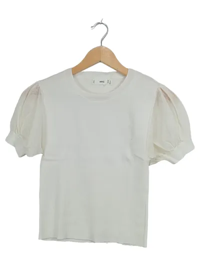 MNG Collection Damen T-Shirt Gr. 36 Weiß Puffärmel Rippstrick Casual Top
