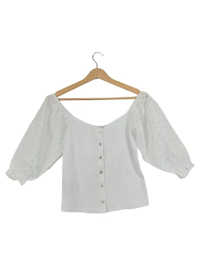 MNG Damen Bluse Weiß 36/S Off Shoulder Puffärmel Lochmuster Rüschen