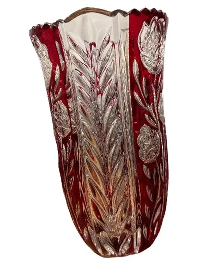 Anna Hütte Bleikristall Vase Rot Klar Blumenmuster 24% PbO Germany 22cm
