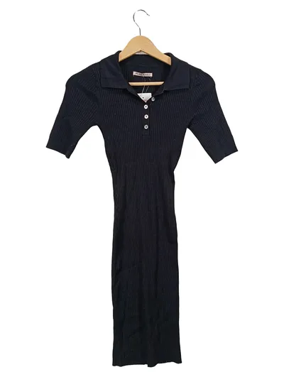 Anna Field Damen Freizeitkleid XS Schwarz Rippstrick Polo Kragen kurzarm