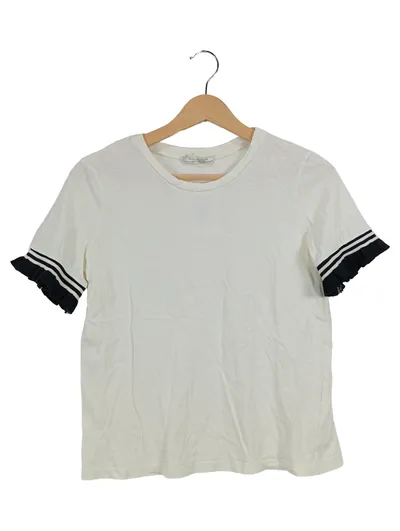 ZARA TRAFALUC Damen T-Shirt Gr. 38/M Weiß Rüschen Kurzarm Feminin