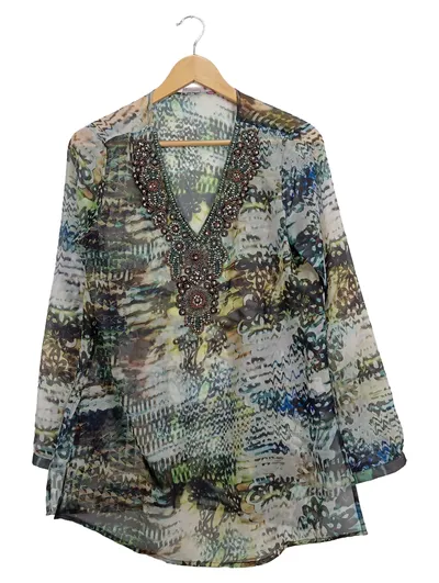Suzanna Damen Langarmshirt Gr. 38/M Bohemian Mehrfarbig Perlenbesatz