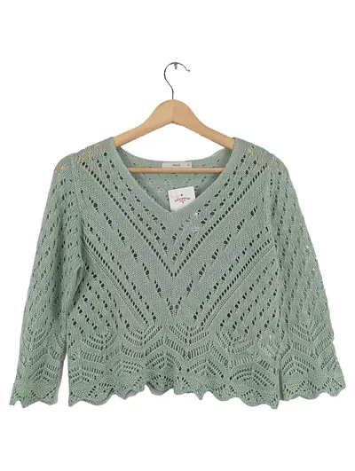 Pigalle Damen Strickpullover V-Ausschnitt Lochmuster Grün Gr. S