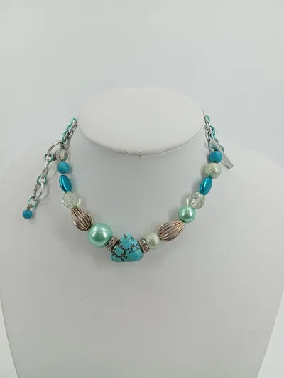 Viva Diva Halskette Türkis Perlen Strass Statement Kette Damen Modeschmuck