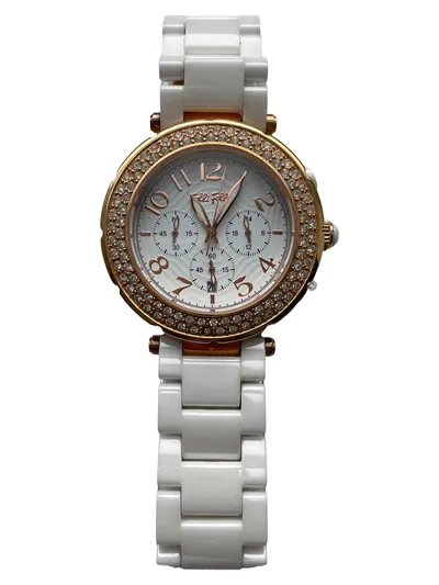Folli Follie Damen Armbanduhr Keramik Weiß Strukturmuster Strass