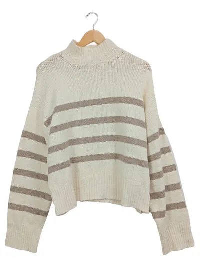 About You Damen Pullover Rollkragen Gestreift Beige Gr. 36/S Casual