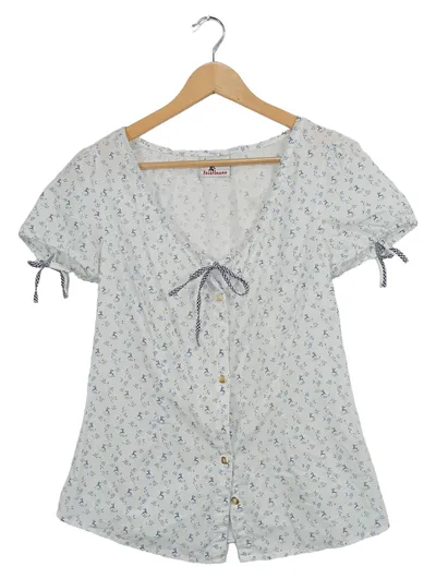 Feierlaune Trachtenbluse Damen Gr. 36/S Weiß Reh Hirsch Muster Schleife Rüschen