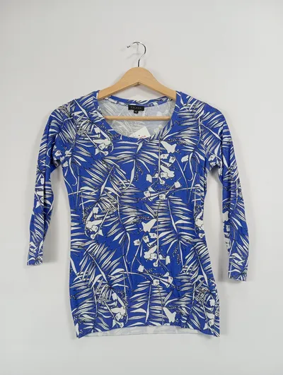 ESCADA Damen Pullover Shirt 34/XS Blau Palmenmuster Casual Modern
