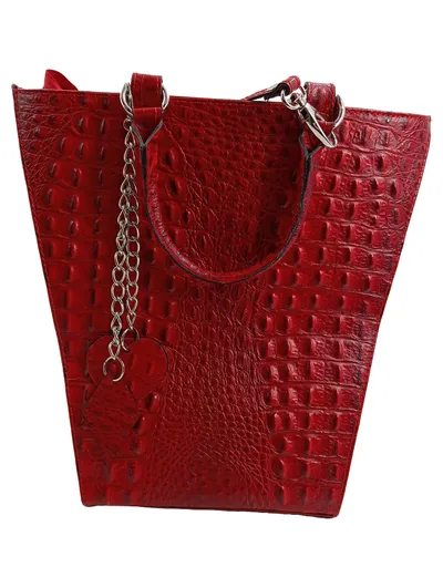 Genuine Leather Damen Henkeltasche Rot Leder Kroko-Optik Herzanhänger