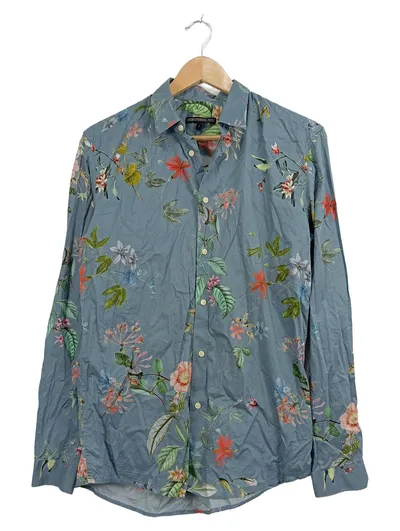 DRYKORN Herren Freizeithemd Gr. 46 S Blau Blumenmuster Langarm Baumwolle Casual
