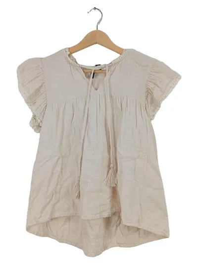 VERO MODA Damen Top Bluse Boho Rüschen Quasten Beige Gr. S