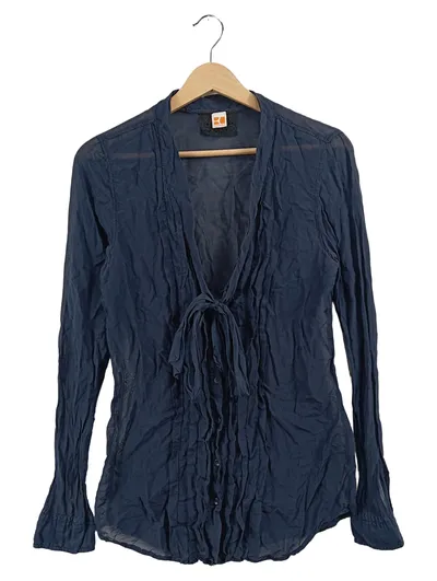 BOSS Orange Damen Bluse Gr. 48 Blau Rüschen Schleife Langarm
