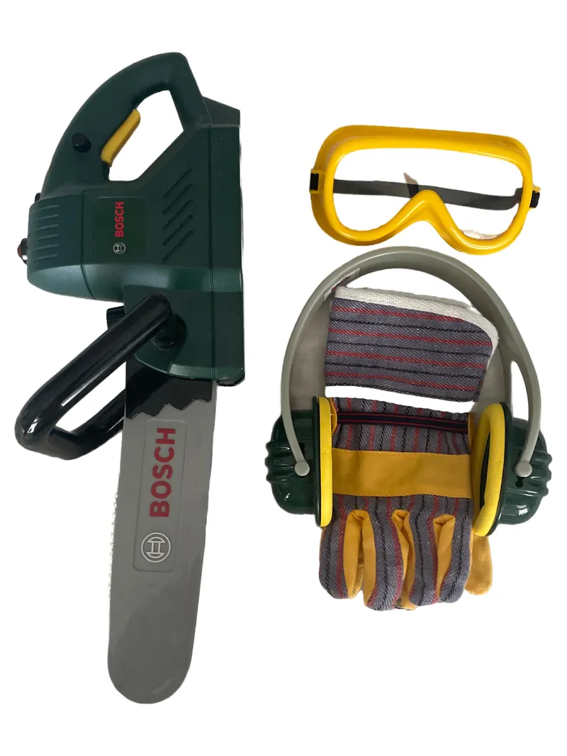 Bosch Kinder Werkzeug Set Kettensäge mit Schutzbrille Handschuhe Gehörschutz 1