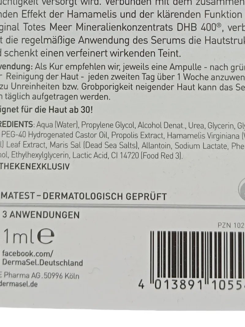DermaSel Poren-Fein Kur Serum 3ml Damen Totes Meer Mineralien 6