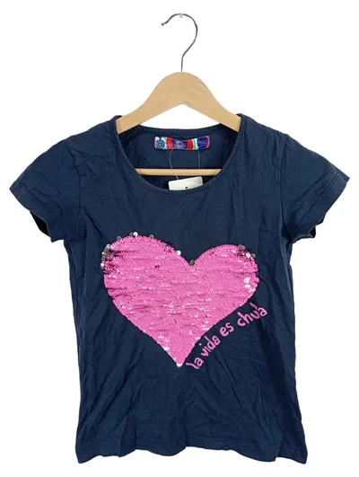 Desigual Kinder T-Shirt Gr. 146 Blau La Vida Es Chula Herz Pailletten