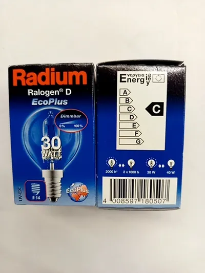 Radium Ralogen D EcoPlus Halogenlampe 30W E14 Kugel Dimmbar Transparent
