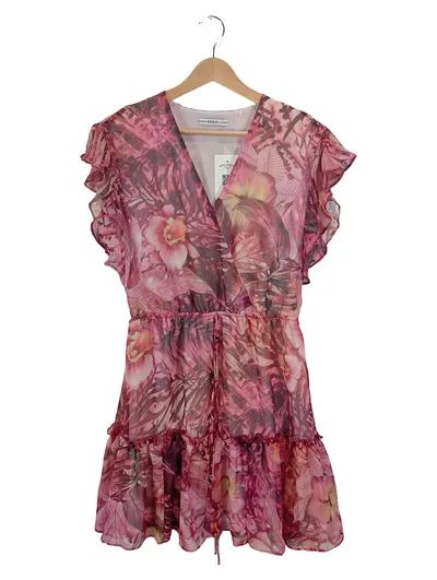 GUESS Damen Sommerkleid Blumenmuster Rosa Rüschen Gr. S/36