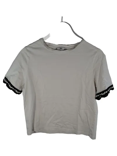 MANGO Damen T-Shirt Gr. M weiß Häkelborte Kurzarm Baumwolle