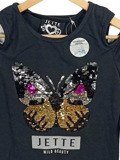 JETTE Mädchen Langarmshirt Schwarz Gr. 164 mit Schmetterling Pailletten