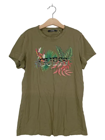 GUESS Damen T-Shirt Gr. 34 Oliv mit tropischem Print