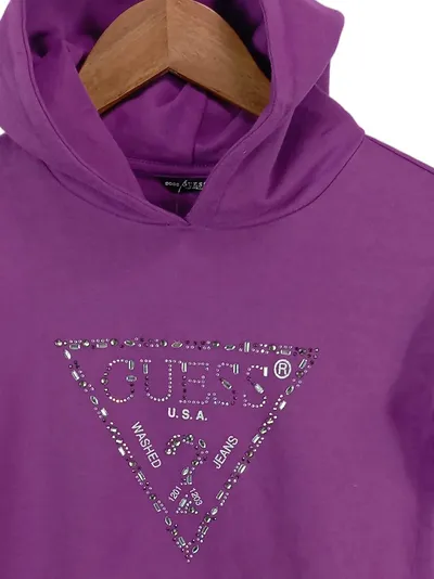 GUESS Mädchen Kapuzenpullover Gr. 140 Lila Logo Glitzer Casual