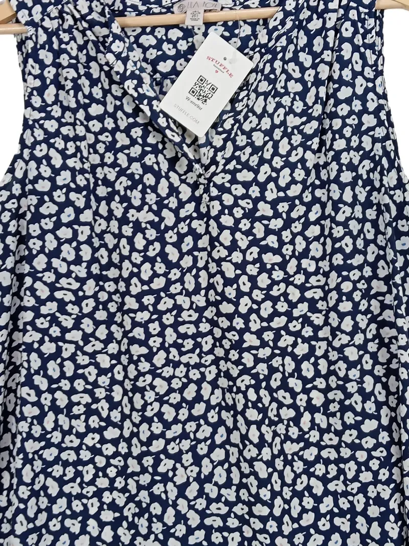 LIA FOL Damen Bluse Gr. 54 Blau Weiß Blumenmuster Ärmellos Top 3