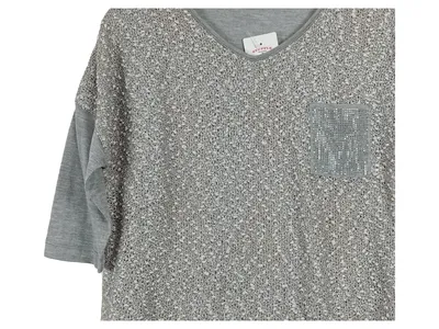 Lecomte Damen T-Shirt 3/4 Arm Grau Gr. 42/XL Strass Struktur Freizeit