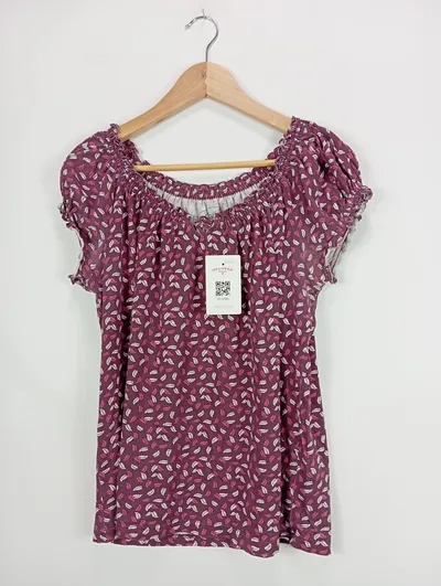Laura Torelli Collection Damen Bluse Gr. 38 Lila Feder-Muster Kurzarm Casual