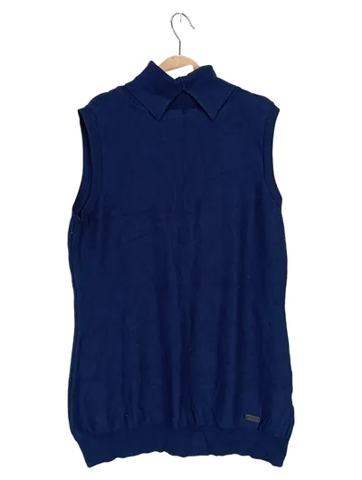 Buffalo Damen Pullunder Gr. 36/S Ärmellos Blau Uni Viskose Rippstrick Logo