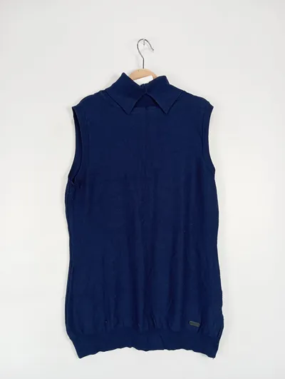 Buffalo Damen Pullunder Gr. 36/S Ärmellos Blau Uni Viskose Rippstrick Logo