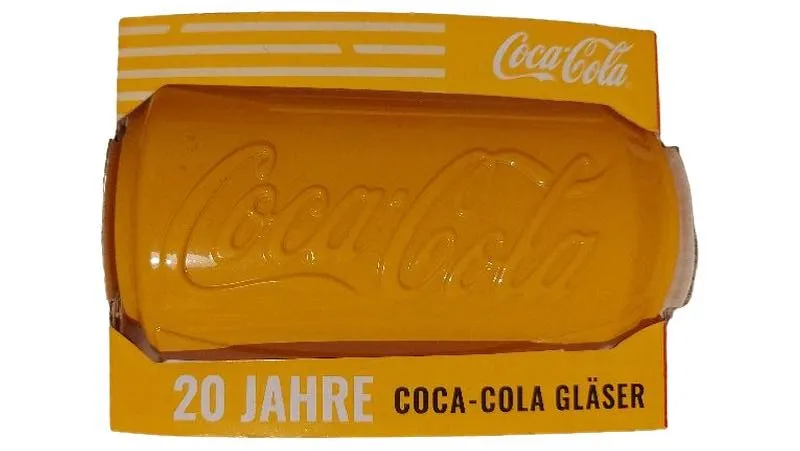 Coca-Cola Glas Dose 20 Jahre Jubiläum Sammelglas Gelb Logo 12cm 1