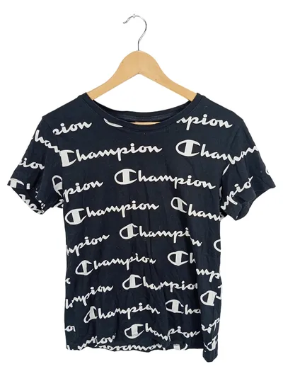 Champion Damen T-Shirt Schwarz Logo-Print Gr. 40/L Casual Kurzarm