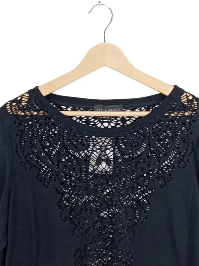Evelin Brandt Damen Bluse Gr. 44/XXL Schwarz mit Spitze Lochmuster 3/4-Arm