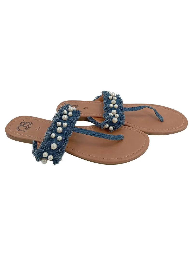 Cassis Damen Sandalen Zehentrenner Perlen Blau Gr. 41 Casual Sommer 1
