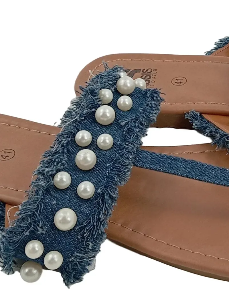 Cassis Damen Sandalen Zehentrenner Perlen Blau Gr. 41 Casual Sommer 2